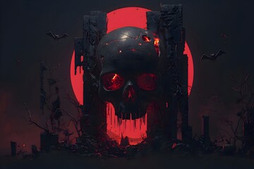dark haunting halloween scene featuring cracked skull illuminated by glowing red full moon, surrounded by twisted dead trees, flying bats, spider webs, and eerie mist, perfect for spooky seasonal art 