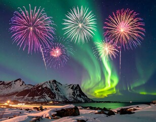 Fireworks and Aurora Borealis over Snow-Covered Mountns