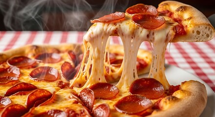 A delectable pizza slice, dripping with melted cheese, is a close-up view of a hot, savory pepperoni pizza.