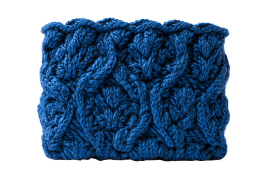 a blue knitted square on a white background