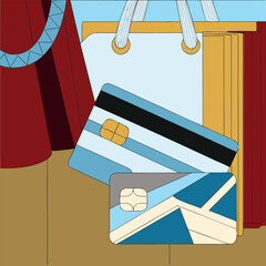 Modern Shopping Scene Bags and Credit Cards Expressing Consumerism and Digital Payment Methods