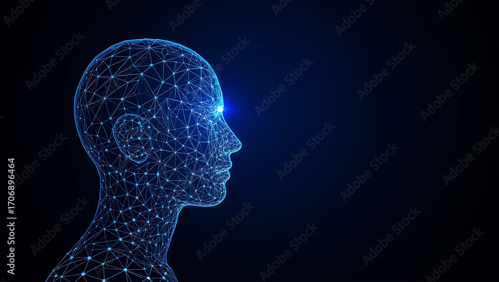 Poster abstract glowing blue digital human head profile constructed from data particles on a dark backgroun