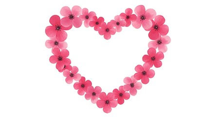 Obraz premium A beautiful heart-shaped frame or wreath made from delicate pink watercolor flowers, isolated on a white background.