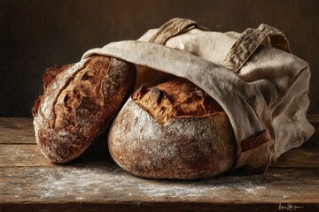 Artisan Bread Still Life - Fresh Loaves in Rustic Setting.