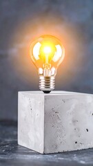 Illuminated lightbulb on a concrete cube