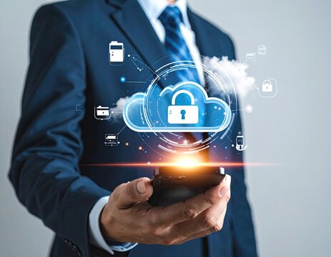 Businessperson holding a phone with a secure cloud graphic overlay