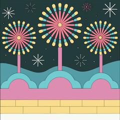 Colorful Retro Fireworks Display Art Illustration Celebrating a Festive Night with Stylized Structures and Geometric Shapes