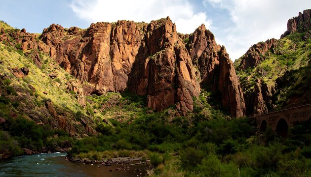 Rocky canyon with river and bridge