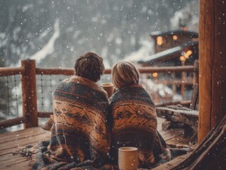 An Intimate Winter Moment on a Snug Cabin Deck