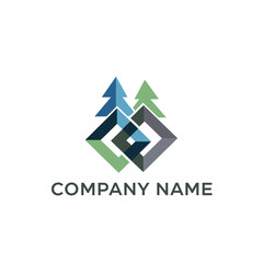 Obraz premium Abstract geometric logo design with stylized trees and interlocking shapes.