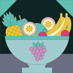 Colorful Still Life Depicting a Retro Fruit Bowl with Tropical and Domestic Fruits on a Tabletop