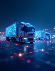 Illustration of an international transportation system. Modern trucks are driving on a glowing blue digital surface. Global GPS tracking systems and advanced digital logistics systems.