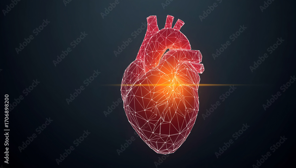 Poster abstract glowing red digital heart with a bright energetic core on a dark background representing he