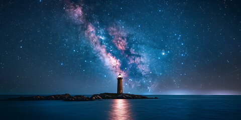 A solitary lighthouse stands on a rocky island under the majestic sweep of the Milky Way galaxy.