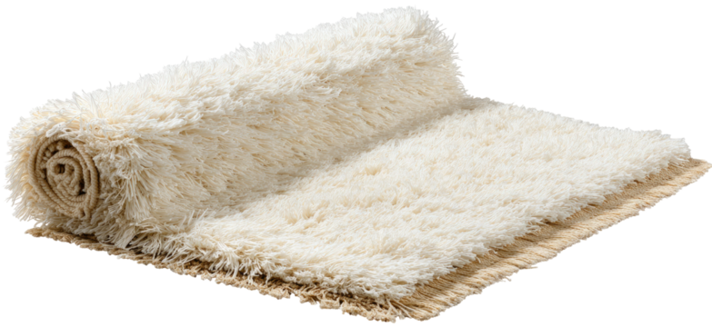 Rolled cream-colored fuzzy rug