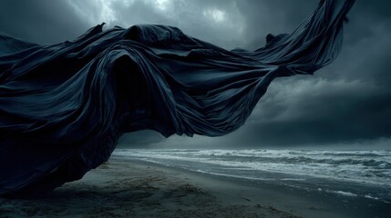 Dark Stormy Beach Scene with Draped Cloth.