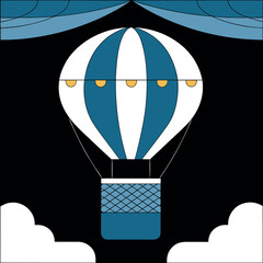 Colorful Hot Air Balloon Ascending Through the Night Sky Whimsical Cartoon Illustration