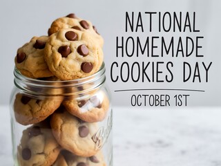 Gradient background of homemade chocolate chip cookies in a jar for national homemade cookies day