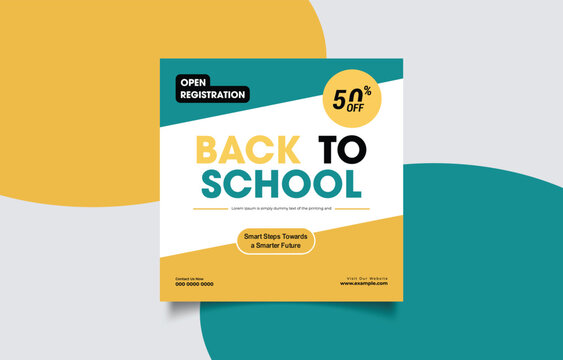 Back to School Open Registration Promotion with Fifty Percent Off Offer and Modern Design for Educational Institutions and Online Courses