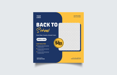 Back to School Promotion Template with Modern Design Featuring Blue and Yellow Colors and Space for Image Creating Eye Catching Designs