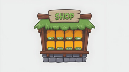 Naklejka premium Illustration of cartoon shop building with green roof and wooden sign isolated on white background