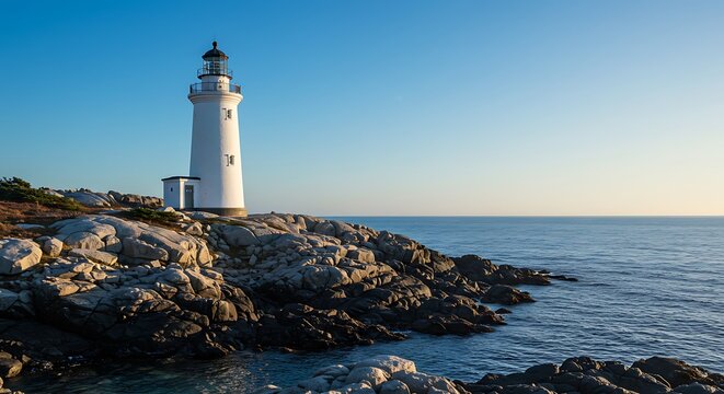 A pristine white lighthouse stands tall on a rugged, rocky coastline overlooking a calm blue sea under a clear sky. - Powered by Adobe