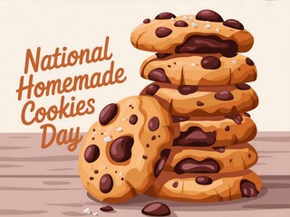 Gradient background of celebrate national homemade cookies day with a stack of delicious chocolate chip cookies