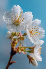 Delicate White Cherry Blossoms with Water Droplets Against a Soft Blue Background.