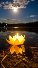 Illuminated lotus candle on water at night