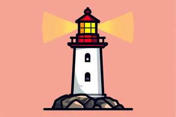 A cartoon lighthouse emitting bright beams of light, standing on rocks against a pastel background.
