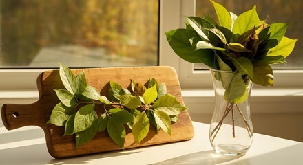 Sunlight highlights a wooden cutting board and vase with leaves
