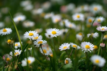 Fototapeta premium Field of white daisies blooming in green meadow.