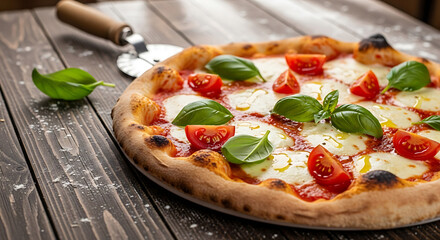 Fresh from the oven: Margherita pizza with tomatoes and basil on a wooden table