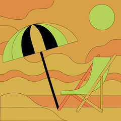 Retro Beach Escape Beach Chair and Umbrella in a Warm Landscape with Rolling Terrain and a Green Sun