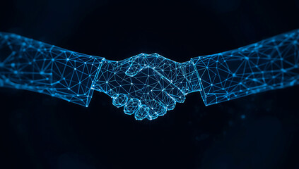 Abstract digital handshake formed by glowing blue geometric network connections on a dark background symbolizing partnership and trust