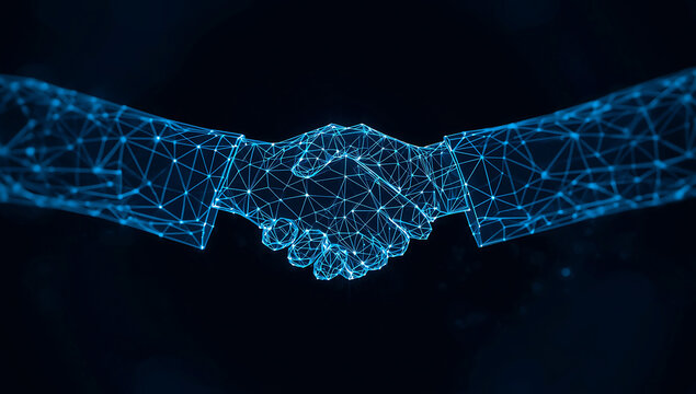 Abstract digital handshake formed by glowing blue geometric network connections on a dark background symbolizing partnership and trust