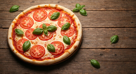 Margherita pizza with fresh tomatoes and basil on a rustic wooden table