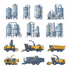 aerial industrial equipment and vehicles on a construction site with factories and machines in the background with a sense of industry and activity