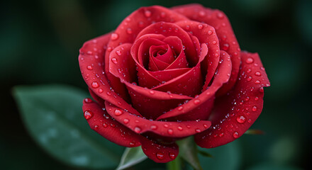 The intricate beauty of a red rose, its petals adorned with water droplets
