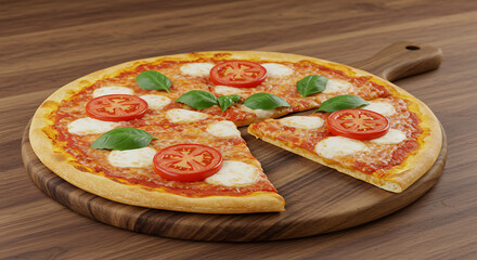 A fresh Margherita pizza with tomatoes and basil on a wooden table