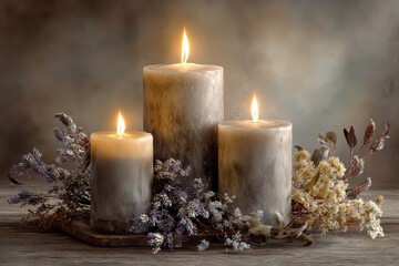 Candlelight Serenity - A Trio of Lit Candles with Floral Accents.