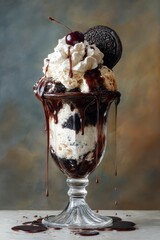 Delicious Chocolate Ice Cream Sundae with Whipped Cream and Cookie.