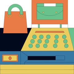 Stylized Illustration of a Retail Point of Sale System Featuring a Cash Register and a Shopping Bag