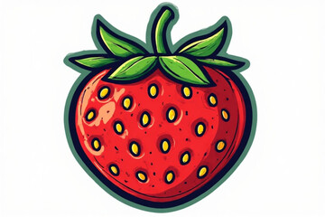 Obraz premium A vibrant, stylized illustration of a ripe strawberry with green leaves and a white background.
