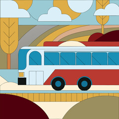 Retro Bus Journey Amidst Natural Landscapes A Stylized Illustration of Travel and Scenery in a Vintage Aesthetic