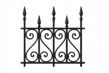 Elegant wrought iron fence section with pointed finials and clear background, perfect for architectural and security themes