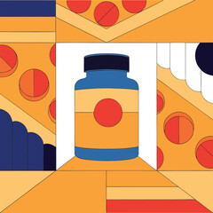 Geometric Pill Bottle Illustration in Bold Colors A Modern and Eye Catching Design with Abstract Shapes and Medical Theme