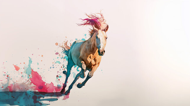 年賀状向け走るカラフルな馬の水彩イラスト