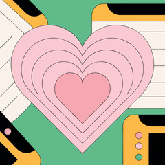 Retro Geometric Love Illustration Featuring Phones, Lines, and a Heart on a Mint Green Background Design