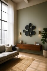 Modern minimalist living room with sage green accent wall and abstract black wall sculpture